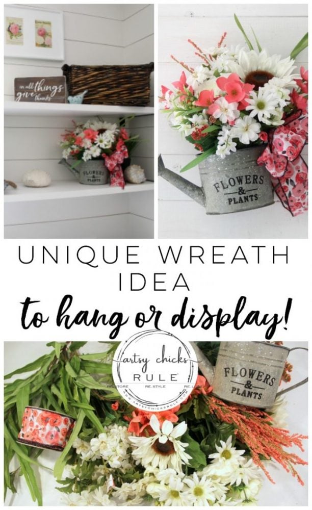 Unique Summer Wreath Idea!! Watering Can with Flowers to hang OR display on a shelf, etc. artsychicksrule.com #wateringcanwreath #uniquewreathideas #summerwreath #wildflowerwreath #wreathideas #summerdecor