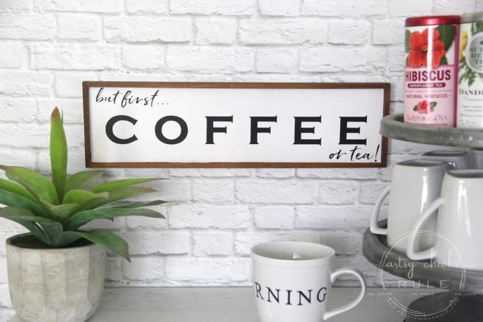 But First Coffee Sign... (OR TEA!!) Easy to make coffee sign for your home or your coffee bar! artsychicksrule.com #coffeebar #coffeesign #teasign #coffeelover #tealover #silhouetteprojects #butfirstcoffee #diysign #coffeeserver