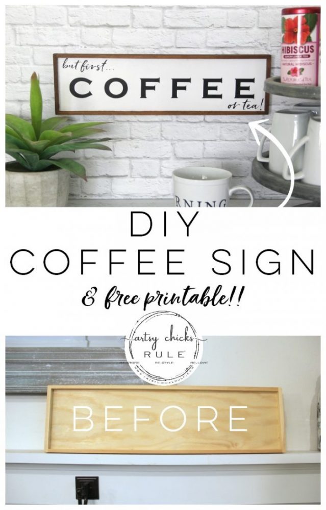 But First Coffee Sign... (OR TEA!!) Easy to make coffee sign for your home or your coffee bar! artsychicksrule.com #coffeebar #coffeesign #teasign #coffeelover #tealover #silhouetteprojects #butfirstcoffee #diysign #coffeeserver