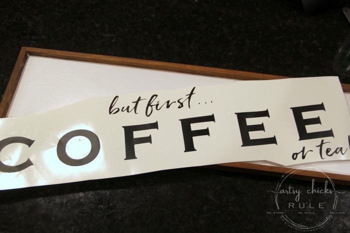 But First Coffee Sign... (OR TEA!!) Easy to make coffee sign for your home or your coffee bar! artsychicksrule.com #coffeebar #coffeesign #teasign #coffeelover #tealover #silhouetteprojects #butfirstcoffee #diysign #coffeeserver