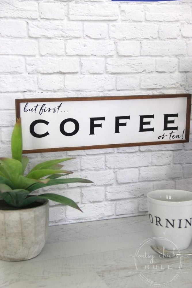 But First Coffee Sign... (OR TEA!!) Easy to make coffee sign for your home or your coffee bar! artsychicksrule.com #coffeebar #coffeesign #teasign #coffeelover #tealover #silhouetteprojects #butfirstcoffee #diysign #coffeeserver