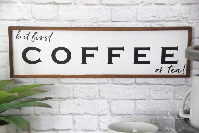 But First Coffee Sign... (OR TEA!!) Easy to make coffee sign for your home or your coffee bar! artsychicksrule.com #coffeebar #coffeesign #teasign #coffeelover #tealover #silhouetteprojects #butfirstcoffee #diysign #coffeeserver