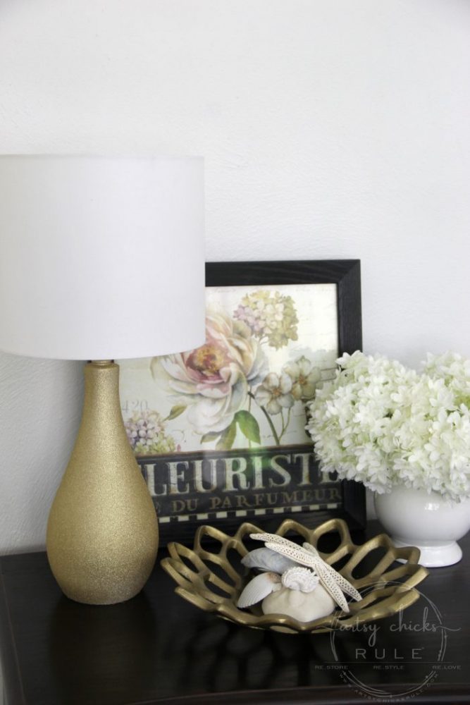 Glitter Gold Lamp Makeover - ($7 thrift store makeover) - artsychicksrule.com #thriftstoremakeover #thriftymakeover #lampmakeover #goldlamp #glitterpaint #paintedlamp