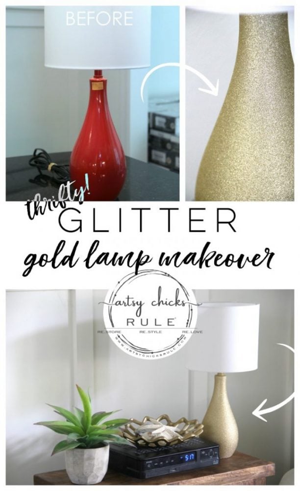Glitter Gold Lamp Makeover - ($7 thrift store makeover) - artsychicksrule.com #thriftstoremakeover #thriftymakeover #lampmakeover #goldlamp #glitterpaint #paintedlamp