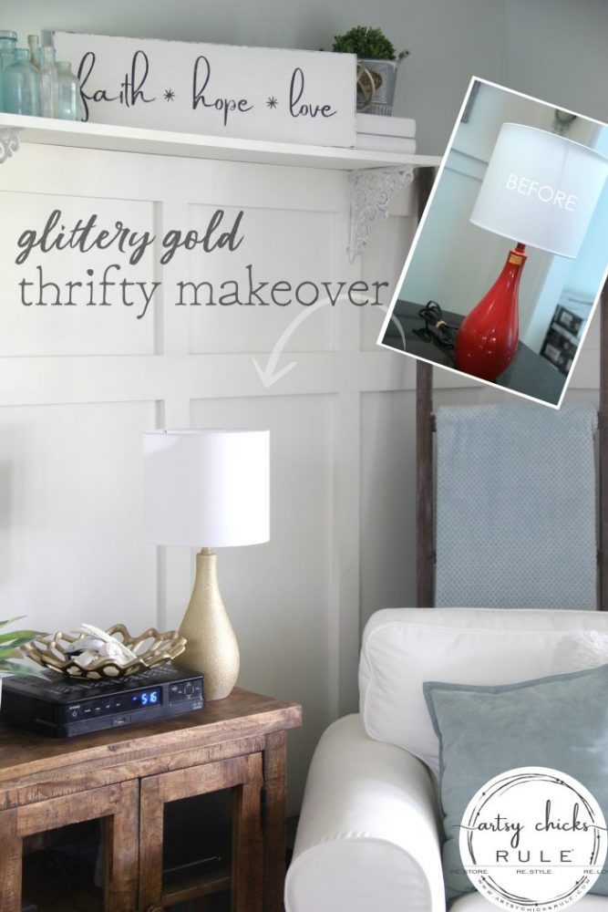 Glitter Gold Lamp Makeover - ($7 thrift store makeover) - artsychicksrule.com #thriftstoremakeover #thriftymakeover #lampmakeover #goldlamp #glitterpaint #paintedlamp