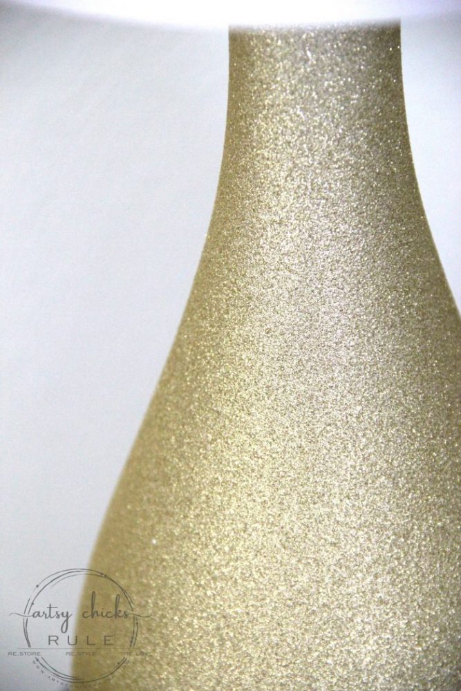 Glitter Gold Lamp Makeover - ($7 thrift store makeover) - artsychicksrule.com #thriftstoremakeover #thriftymakeover #lampmakeover #goldlamp #glitterpaint #paintedlamp