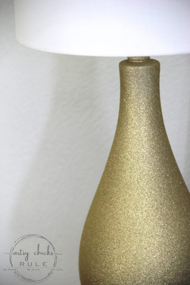 Glitter Gold Lamp Makeover - ($7 thrift store makeover) - artsychicksrule.com #thriftstoremakeover #thriftymakeover #lampmakeover #goldlamp #glitterpaint #paintedlamp