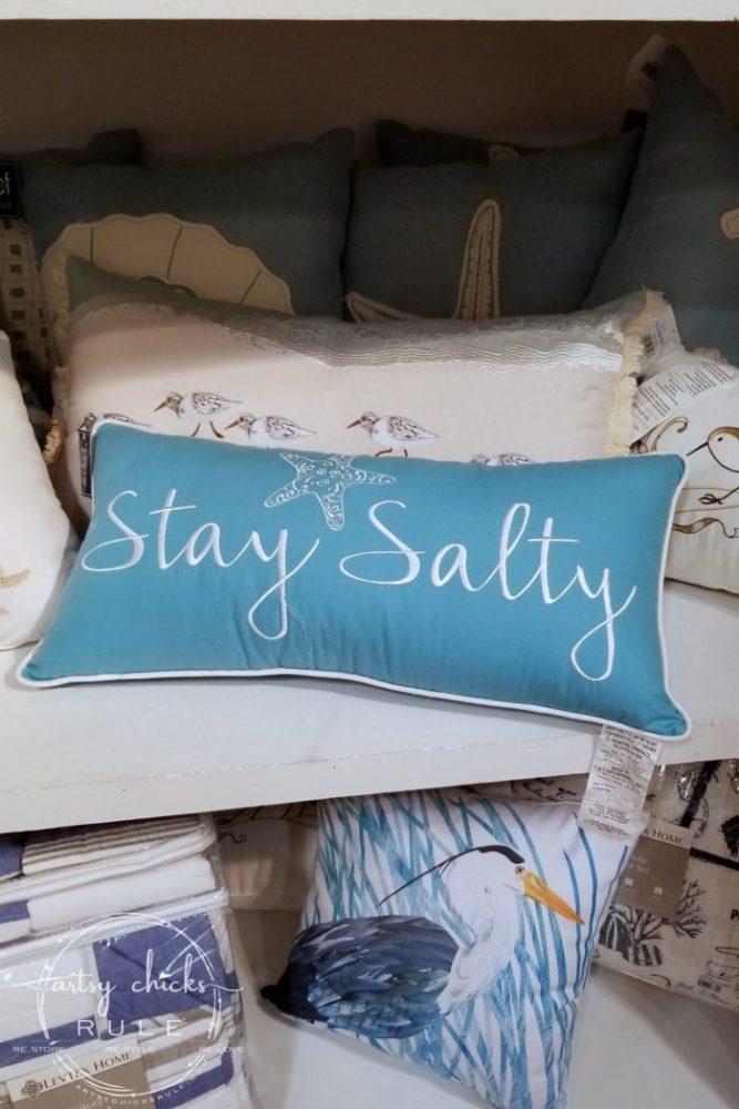 DIY Stay Salty Sign AND a Thrift Store Shopping VIDEO!! So much fun! artsychicksrule.com #staysalty #staysaltysign #coastalsign #coastaldecor #coastalstyle #nauticalsign #coastalideas #diysign #thriftstoremakeover #thriftymakeoverideas