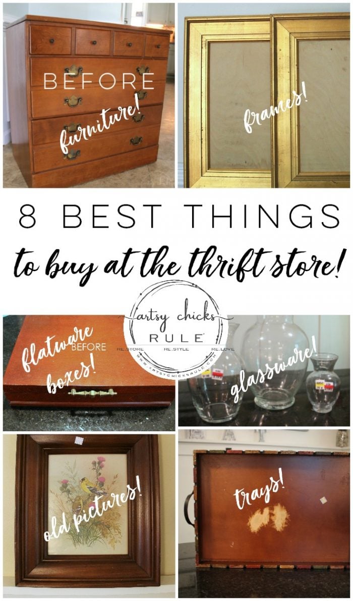 Do you know what the 8 BEST things to buy at the thrift store are? Find out what these must-haves are here! artsychicksrule.com #thriftstoremakeovers #thriftstorefinds #thriftstorerepurposed #repurposedmakeovers #thriftymakeovers #furnituremakeovers #thriftyfinds #framesideas #waystouseframes #flatwareboxes #diytrays