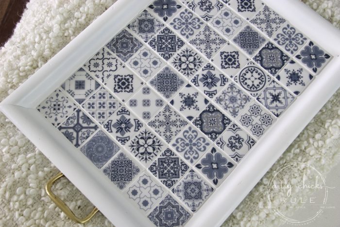 DIY Navy Blue and White Tile Tray....From Thrift Store Find! artsychicksrule.com #blueandwhitetile #blueandwhitedecor #tileideas #thriftymakeover #trashtotreasure #blueandwhite #blueandwhitepillows