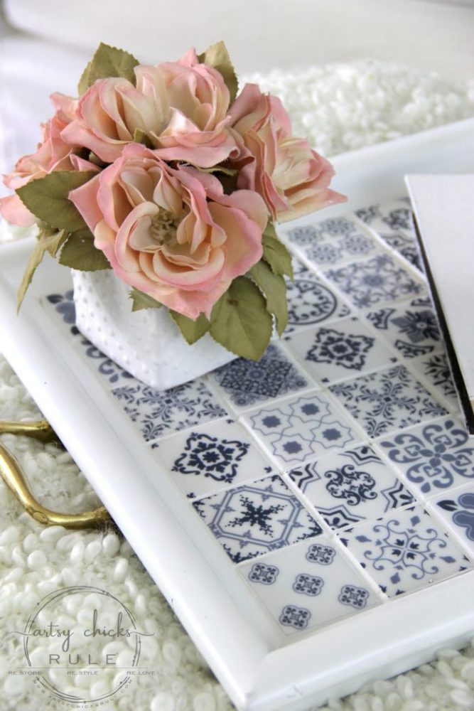 blue and white tiled tray with pink roses 