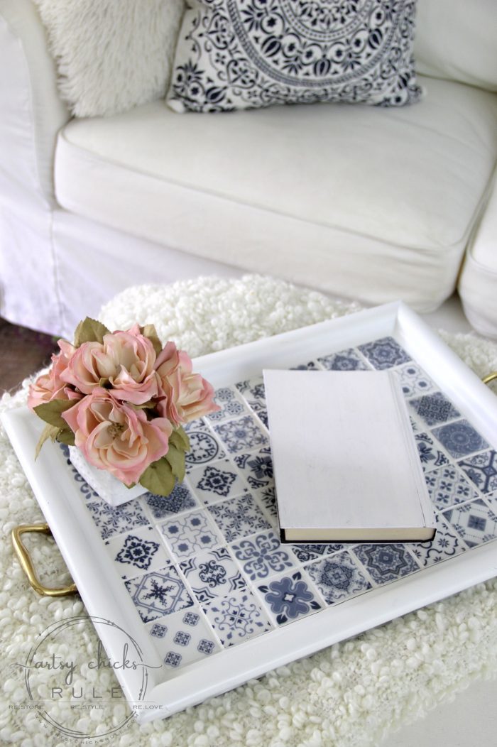 DIY Navy Blue and White Tile Tray....From Thrift Store Find! artsychicksrule.com #blueandwhitetile #blueandwhitedecor #tileideas #thriftymakeover #trashtotreasure #blueandwhite #blueandwhitepillows