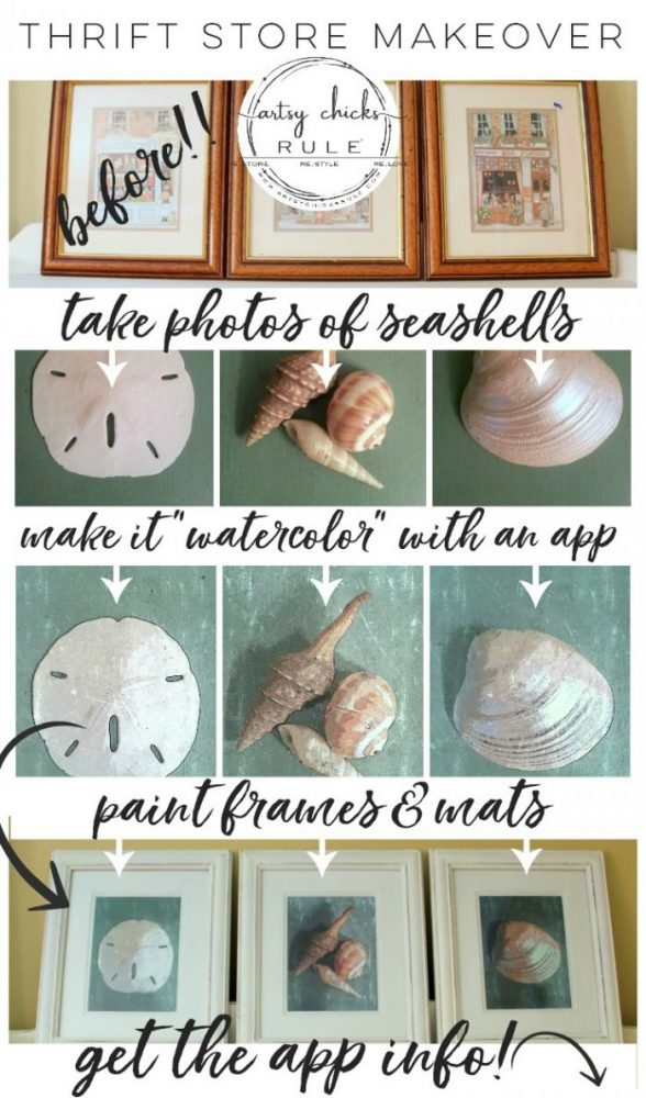 SIMPLE DIY Coastal Wall Art Tutorial!! (a thrifty find, a little paint, a photo and a watercolor app is all you need!) Easy, budget friendly home decor! artsychicksrule.com #coastalwallart #diywallart #diyhomedecor #coastalstyle #coastalhomedecor #coastaldiy #beachart #seashellart #seashellmakeover #seashellcrafts