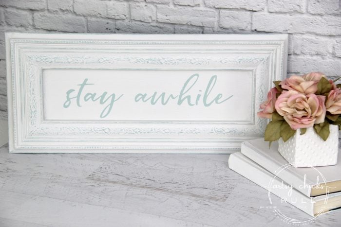 Make Your Own Stay Awhile Sign With This FREE Printable (and here's a tip....repurpose an old cabinet door!) (styled) artsychicksrule.com #repurposed #cabinetdoorideas #stayawhile #diysign #freeprintable #cabinetdoorrepurposed #silhouetteprojects