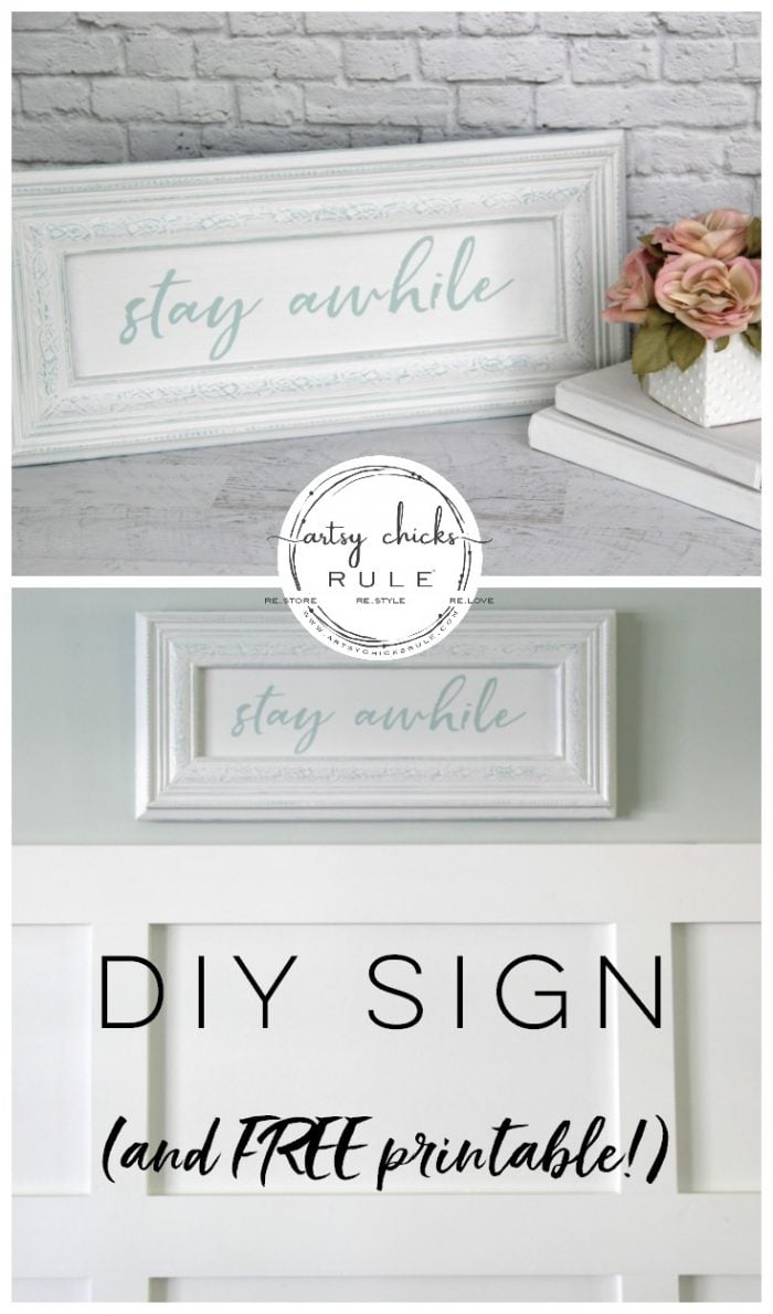 Make Your Own Stay Awhile Sign With This FREE Printable (and here's a tip....repurpose an old cabinet door!) artsychicksrule.com #repurposed #cabinetdoorideas #stayawhile #diysign #freeprintable #cabinetdoorrepurposed #silhouetteprojects