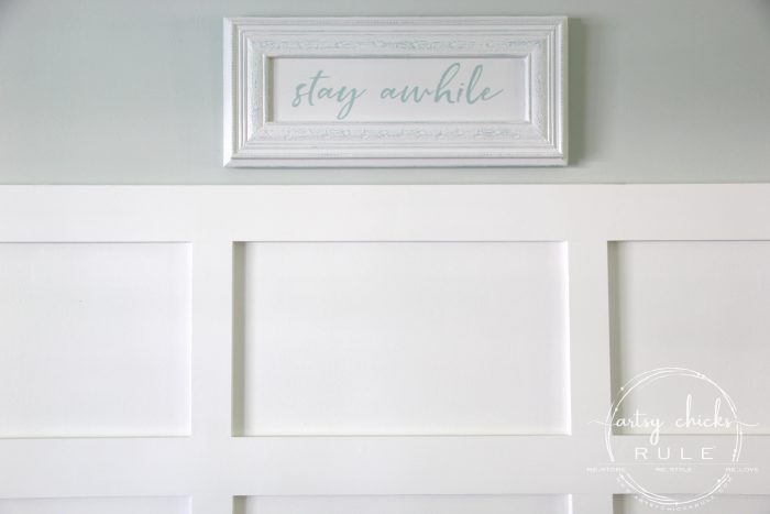 Make Your Own Stay Awhile Sign With This FREE Printable (and here's a tip....repurpose an old cabinet door!) (on board and batten) artsychicksrule.com #repurposed #cabinetdoorideas #stayawhile #diysign #freeprintable #cabinetdoorrepurposed #silhouetteprojects