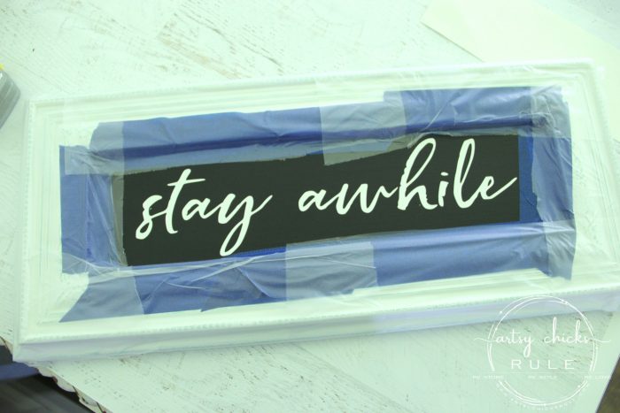 Make Your Own Stay Awhile Sign With This FREE Printable Silhouette Cameo Stencil artsychicksrule.com #repurposed #cabinetdoorideas #stayawhile #diysign #freeprintable #cabinetdoorrepurposed #silhouetteprojects