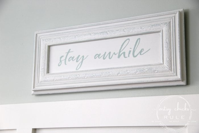 Make Your Own Stay Awhile Sign With This FREE Printable (Sea Salt Sherwin Williams) artsychicksrule.com #repurposed #cabinetdoorideas #stayawhile #diysign #freeprintable #cabinetdoorrepurposed #silhouetteprojects