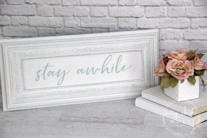 Make Your Own Stay Awhile Sign With This FREE Printable (and here's a tip....repurpose an old cabinet door!) 1 artsychicksrule.com #repurposed #cabinetdoorideas #stayawhile #diysign #freeprintable #cabinetdoorrepurposed #silhouetteprojects