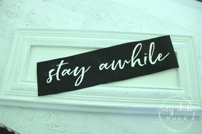 Make Your Own Stay Awhile Sign With This FREE Printable Silhouette vinyl "stencil" artsychicksrule.com #repurposed #cabinetdoorideas #stayawhile #diysign #freeprintable #cabinetdoorrepurposed #silhouetteprojects