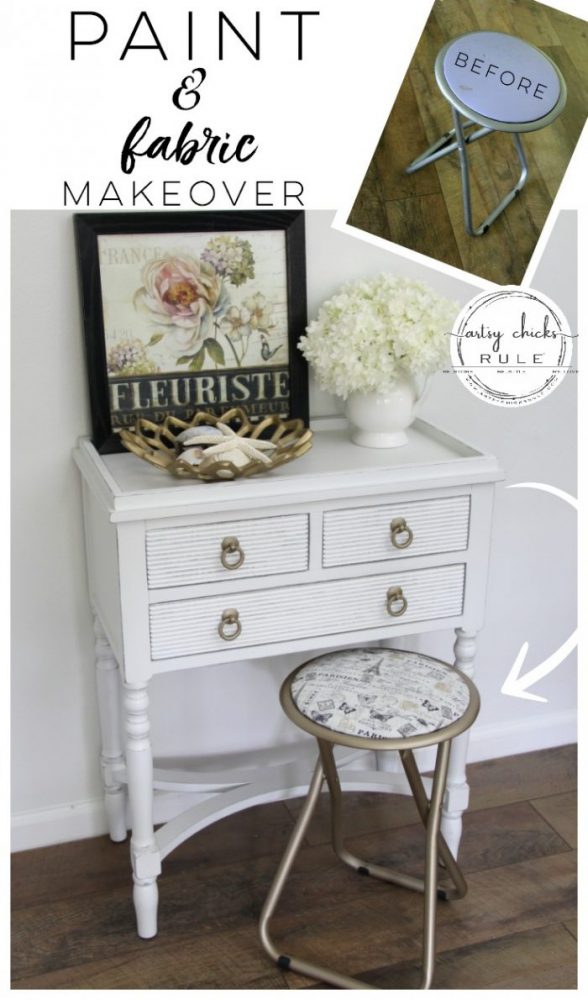 Paint & Fabric Makeover! SO Easy too!! artsychicksrule.com #paintandfabric #furnituremakeover #frenchdecor #goldfurniture #goldpaint #frenchstyle #frenchfabric