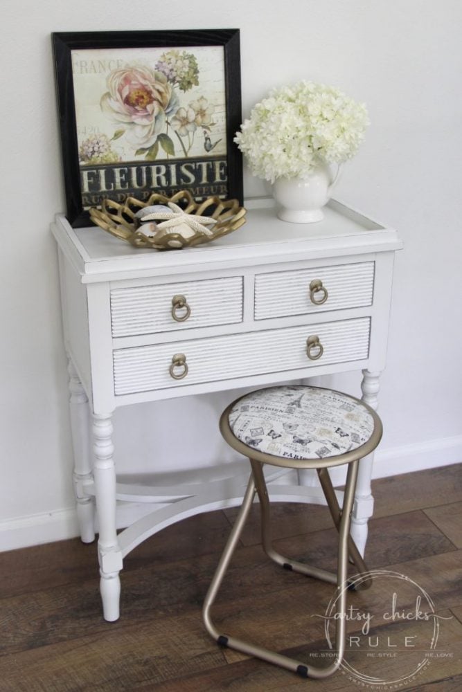 Paint & Fabric Makeover! SO Easy too!! artsychicksrule.com #paintandfabric #furnituremakeover #frenchdecor #goldfurniture #goldpaint #frenchstyle #frenchfabric