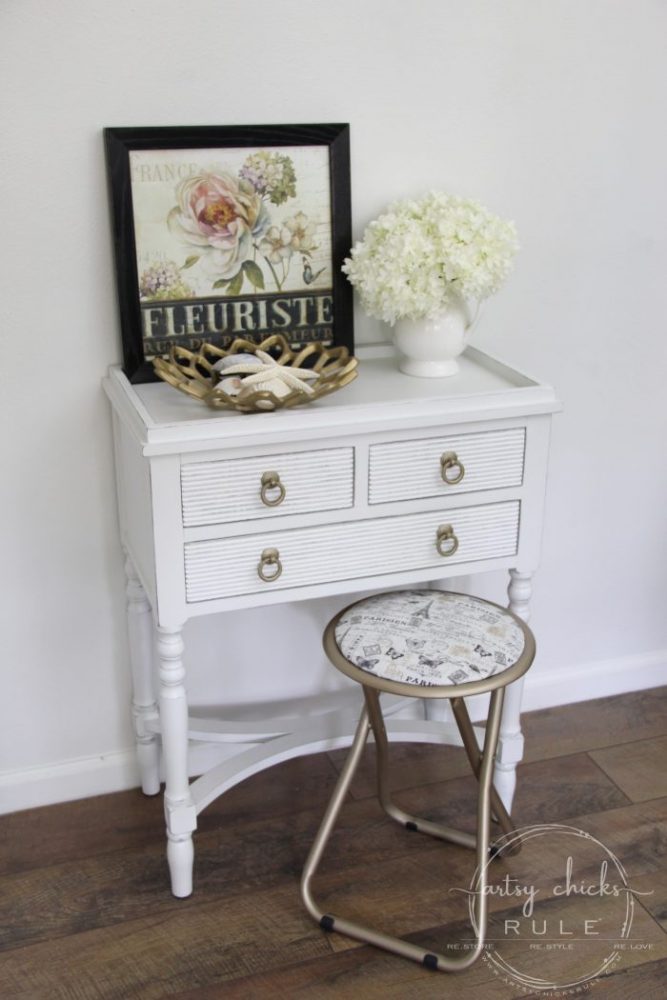 Paint & Fabric Makeover! SO Easy too!! artsychicksrule.com #paintandfabric #furnituremakeover #frenchdecor #goldfurniture #goldpaint #frenchstyle #frenchfabric