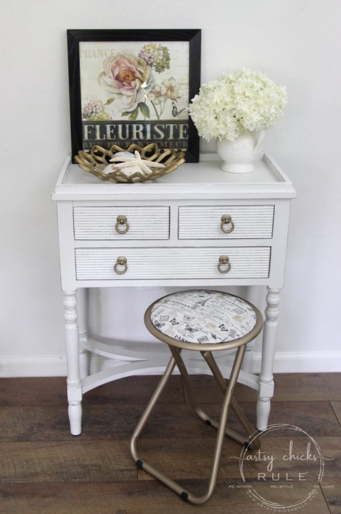 Paint & Fabric Makeover! SO Easy too!! artsychicksrule.com #paintandfabric #furnituremakeover #frenchdecor #goldfurniture #goldpaint #frenchstyle #frenchfabric