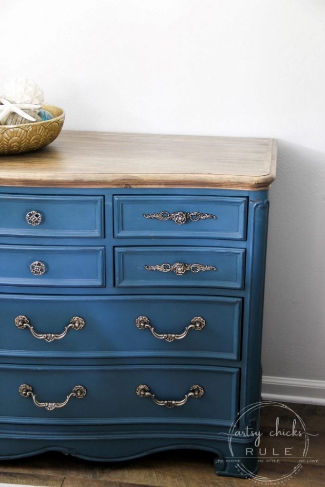 Aubusson Blue Chalk Paint DRESSER Makeover (again!!!) This time with a "coastal glam" flair!) artsychicksrule.com #aubussonblue #chalkpaint #chalkpaintedfurniture #paintedfurniture #bluefurniture #bluepaint #anniesloan #furnituremakeover #blueandgold #furnituremakeoverideas