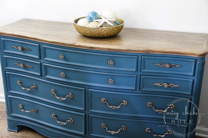 Aubusson Blue Chalk Paint DRESSER Makeover (again!!!) This time with a "coastal glam" flair!) artsychicksrule.com #aubussonblue #chalkpaint #chalkpaintedfurniture #paintedfurniture #bluefurniture #bluepaint #anniesloan #furnituremakeover #blueandgold #furnituremakeoverideas