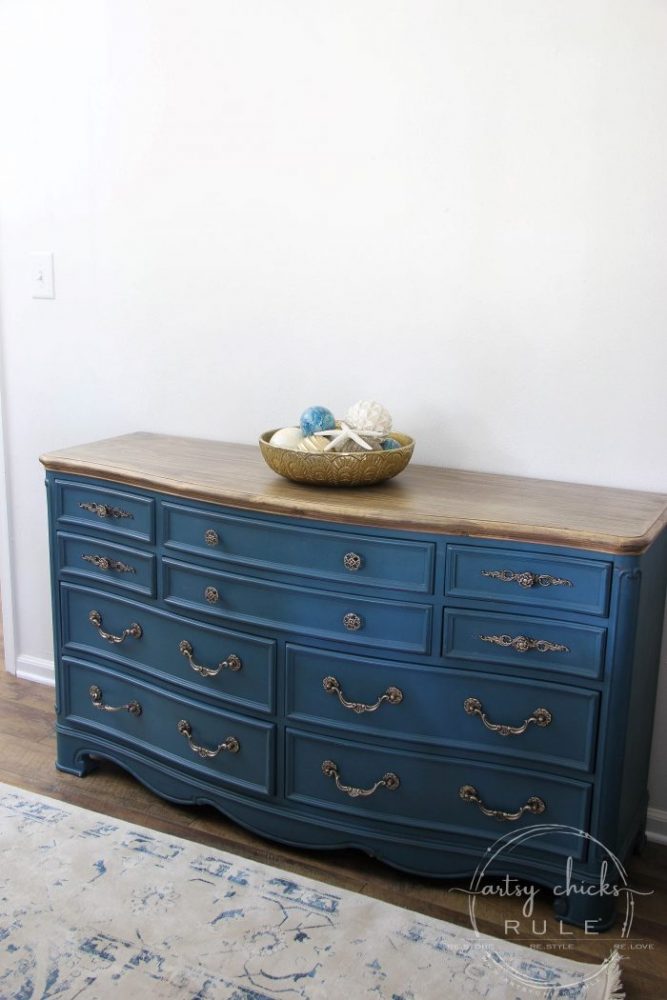 Aubusson Blue Chalk Paint DRESSER Makeover (again!!!) This time with a "coastal glam" flair!) artsychicksrule.com #aubussonblue #chalkpaint #chalkpaintedfurniture #paintedfurniture #bluefurniture #bluepaint #anniesloan #furnituremakeover #blueandgold #furnituremakeoverideas