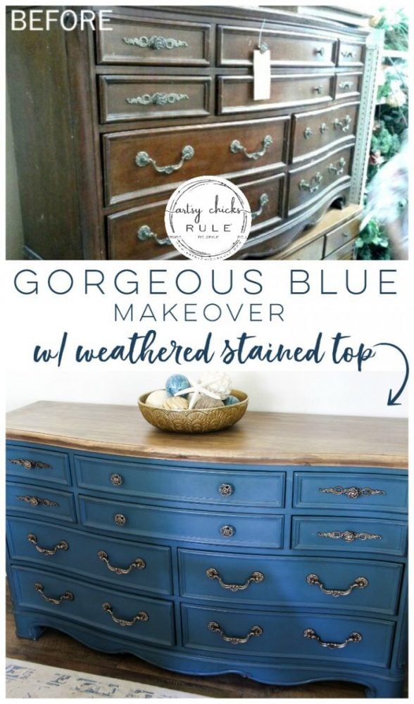 Aubusson Blue Chalk Paint DRESSER Makeover (again!!!) This time with a "coastal glam" flair!) artsychicksrule.com #aubussonblue #chalkpaint #chalkpaintedfurniture #paintedfurniture #bluefurniture #bluepaint #anniesloan #furnituremakeover #blueandgold #furnituremakeoverideas