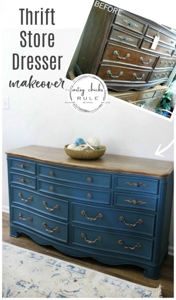 Aubusson Blue Chalk Paint DRESSER Makeover (again!!!) This time with a "coastal glam" flair!) artsychicksrule.com #aubussonblue #chalkpaint #chalkpaintedfurniture #paintedfurniture #bluefurniture #bluepaint #anniesloan #furnituremakeover #blueandgold #furnituremakeoverideas