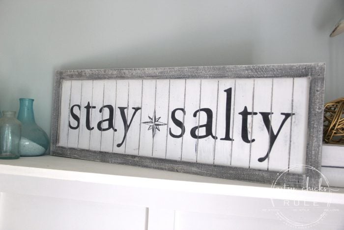 DIY Stay Salty Sign AND a Thrift Store Shopping VIDEO!! So much fun! artsychicksrule.com #staysalty #staysaltysign #coastalsign #coastaldecor #coastalstyle #nauticalsign #coastalideas #diysign #thriftstoremakeover #thriftymakeoverideas