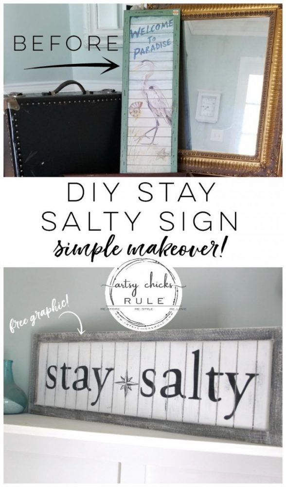 DIY Stay Salty Sign AND a Thrift Store Shopping VIDEO!! So much fun! artsychicksrule.com #staysalty #staysaltysign #coastalsign #coastaldecor #coastalstyle #nauticalsign #coastalideas #diysign #thriftstoremakeover #thriftymakeoverideas