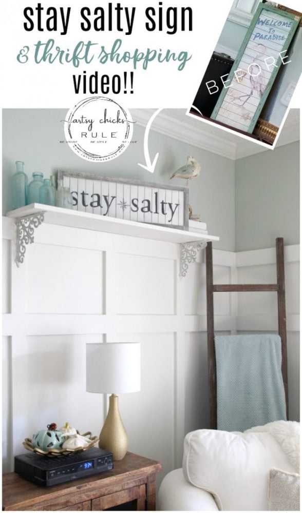 DIY Stay Salty Sign AND a Thrift Store Shopping VIDEO!! So much fun! artsychicksrule.com #staysalty #staysaltysign #coastalsign #coastaldecor #coastalstyle #nauticalsign #coastalideas #diysign #thriftstoremakeover #thriftymakeoverideas