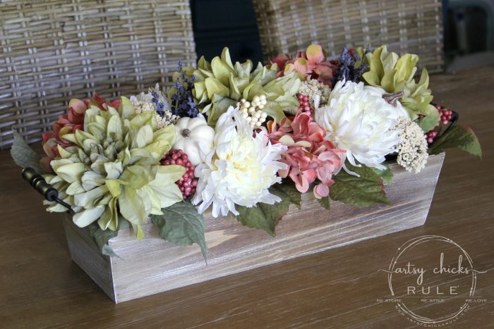 Floral and Pumpkin FALL CENTERPIECE - artsychicksrule.com #fallcenterpiece #woodenboxflowers #flowercenterpiece #tablecenterpiece #pumpkincenterpiece #falldecor #fallideas #fallflowers #pumpkinprojects #pumpkindecor 