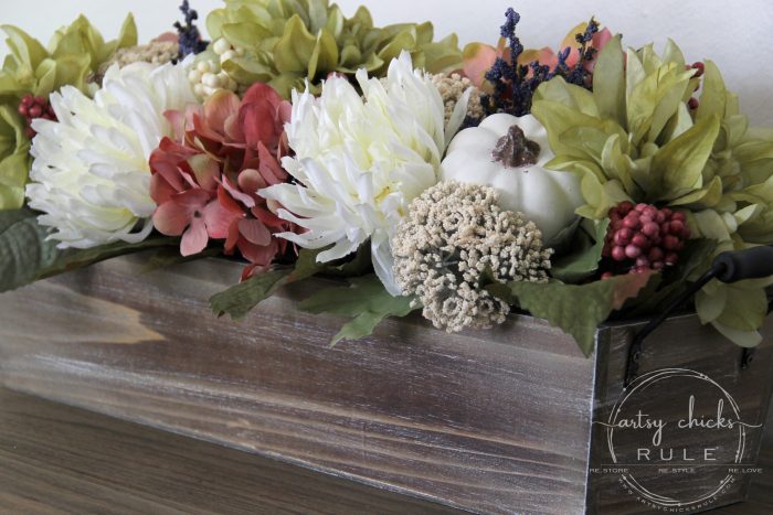 Floral and Pumpkin FALL CENTERPIECE - artsychicksrule.com #fallcenterpiece #woodenboxflowers #flowercenterpiece #tablecenterpiece #pumpkincenterpiece #falldecor #fallideas #fallflowers #pumpkinprojects #pumpkindecor 