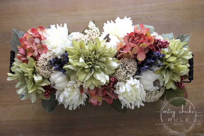 Floral and Pumpkin FALL CENTERPIECE - artsychicksrule.com #fallcenterpiece #woodenboxflowers #flowercenterpiece #tablecenterpiece #pumpkincenterpiece #falldecor #fallideas #fallflowers #pumpkinprojects #pumpkindecor 