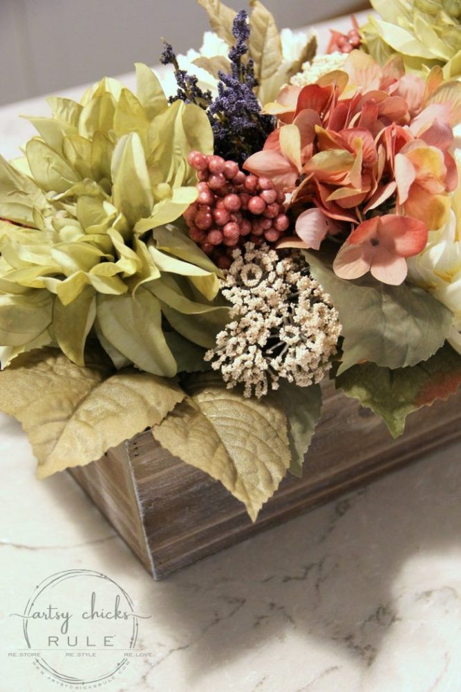 Floral and Pumpkin FALL CENTERPIECE - artsychicksrule.com #fallcenterpiece #woodenboxflowers #flowercenterpiece #tablecenterpiece #pumpkincenterpiece #falldecor #fallideas #fallflowers #pumpkinprojects #pumpkindecor 