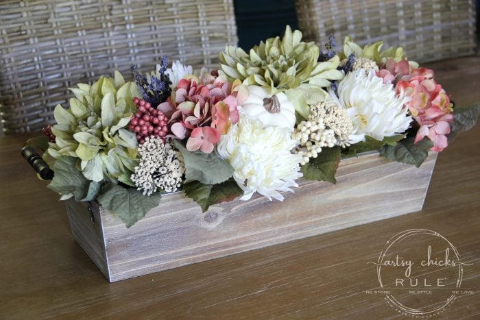 Floral and Pumpkin FALL CENTERPIECE - artsychicksrule.com #fallcenterpiece #woodenboxflowers #flowercenterpiece #tablecenterpiece #pumpkincenterpiece #falldecor #fallideas #fallflowers #pumpkinprojects #pumpkindecor 