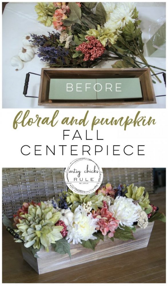 Floral and Pumpkin FALL CENTERPIECE - artsychicksrule.com #fallcenterpiece #woodenboxflowers #flowercenterpiece #tablecenterpiece #pumpkincenterpiece #falldecor #fallideas #fallflowers #pumpkinprojects #pumpkindecor 