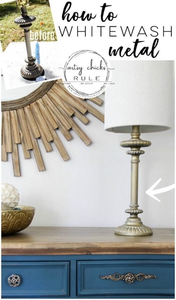 How To Whitewash Metal (simple!!!) artsychicksrule.com #whitewash #whitewashmetal #goldlamps #goldpaint #howtowhitewash #paintfinishes 