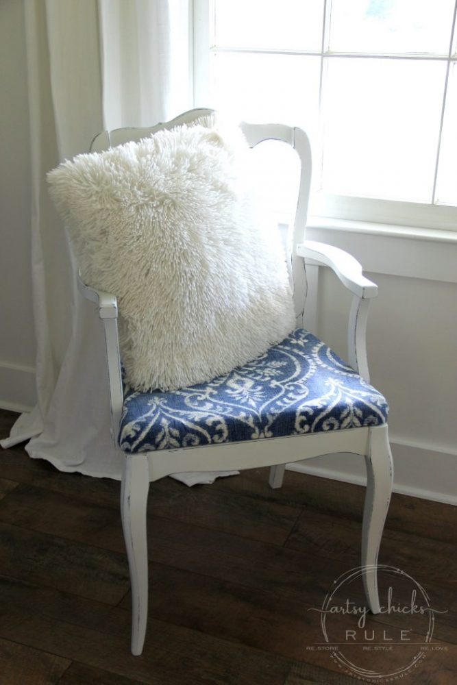 This Pretty BLUE Fabric Made This Chair Makeover!!! artsychicksrule.com #blueandwhitefabric #bluefabric #blueandwhitedecor #chairmakeover #chairideas #bluefurniture #chalkpaintmakeovers #chalkpaintfurniture #paintedfurniture 