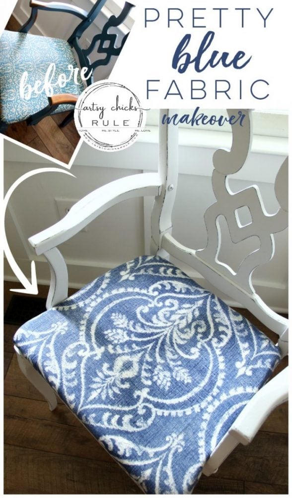 This Pretty BLUE Fabric Made This Chair Makeover!!! artsychicksrule.com #blueandwhitefabric #bluefabric #blueandwhitedecor #chairmakeover #chairideas #bluefurniture #chalkpaintmakeovers #chalkpaintfurniture #paintedfurniture 