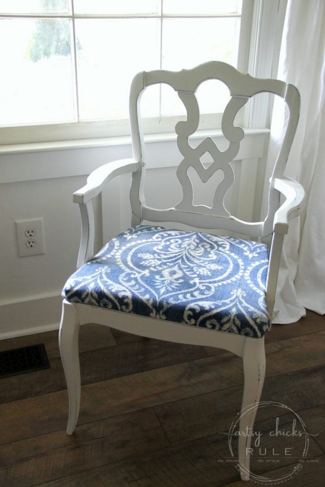 This Pretty BLUE Fabric Made This Chair Makeover!!! artsychicksrule.com #blueandwhitefabric #bluefabric #blueandwhitedecor #chairmakeover #chairideas #bluefurniture #chalkpaintmakeovers #chalkpaintfurniture #paintedfurniture 