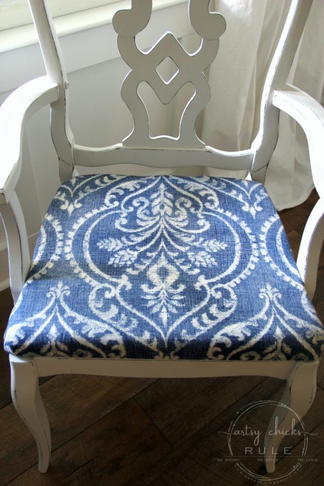 This Pretty BLUE Fabric Made This Chair Makeover!!! artsychicksrule.com #blueandwhitefabric #bluefabric #blueandwhitedecor #chairmakeover #chairideas #bluefurniture #chalkpaintmakeovers #chalkpaintfurniture #paintedfurniture 