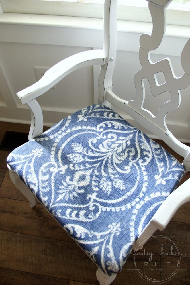 This Pretty BLUE Fabric Made This Chair Makeover!!! artsychicksrule.com #blueandwhitefabric #bluefabric #blueandwhitedecor #chairmakeover #chairideas #bluefurniture #chalkpaintmakeovers #chalkpaintfurniture #paintedfurniture 