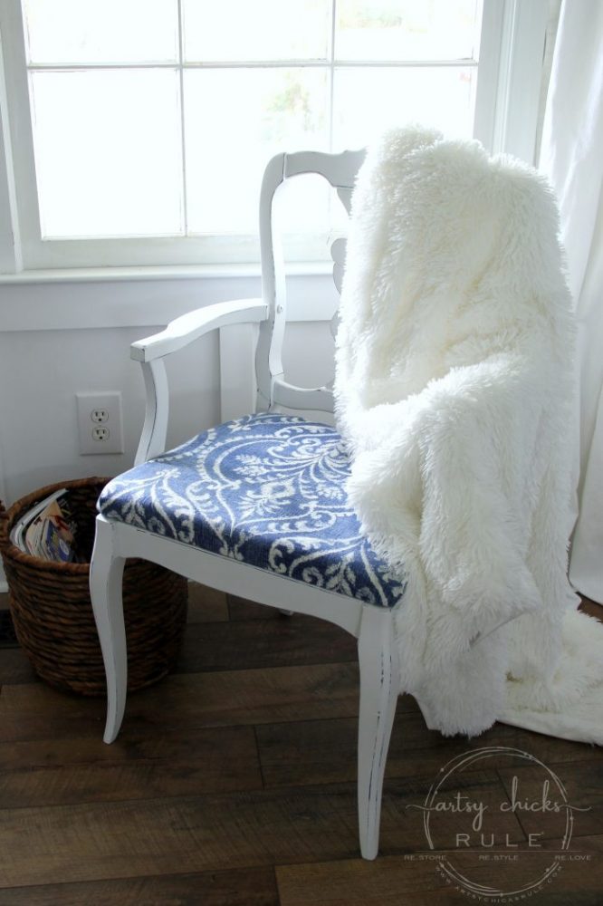 This Pretty BLUE Fabric Made This Chair Makeover!!! artsychicksrule.com #blueandwhitefabric #bluefabric #blueandwhitedecor #chairmakeover #chairideas #bluefurniture #chalkpaintmakeovers #chalkpaintfurniture #paintedfurniture 