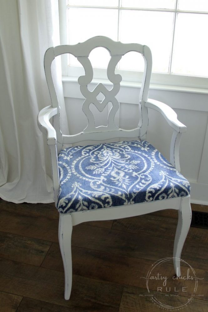 This Pretty BLUE Fabric Made This Chair Makeover!!! artsychicksrule.com #blueandwhitefabric #bluefabric #blueandwhitedecor #chairmakeover #chairideas #bluefurniture #chalkpaintmakeovers #chalkpaintfurniture #paintedfurniture 